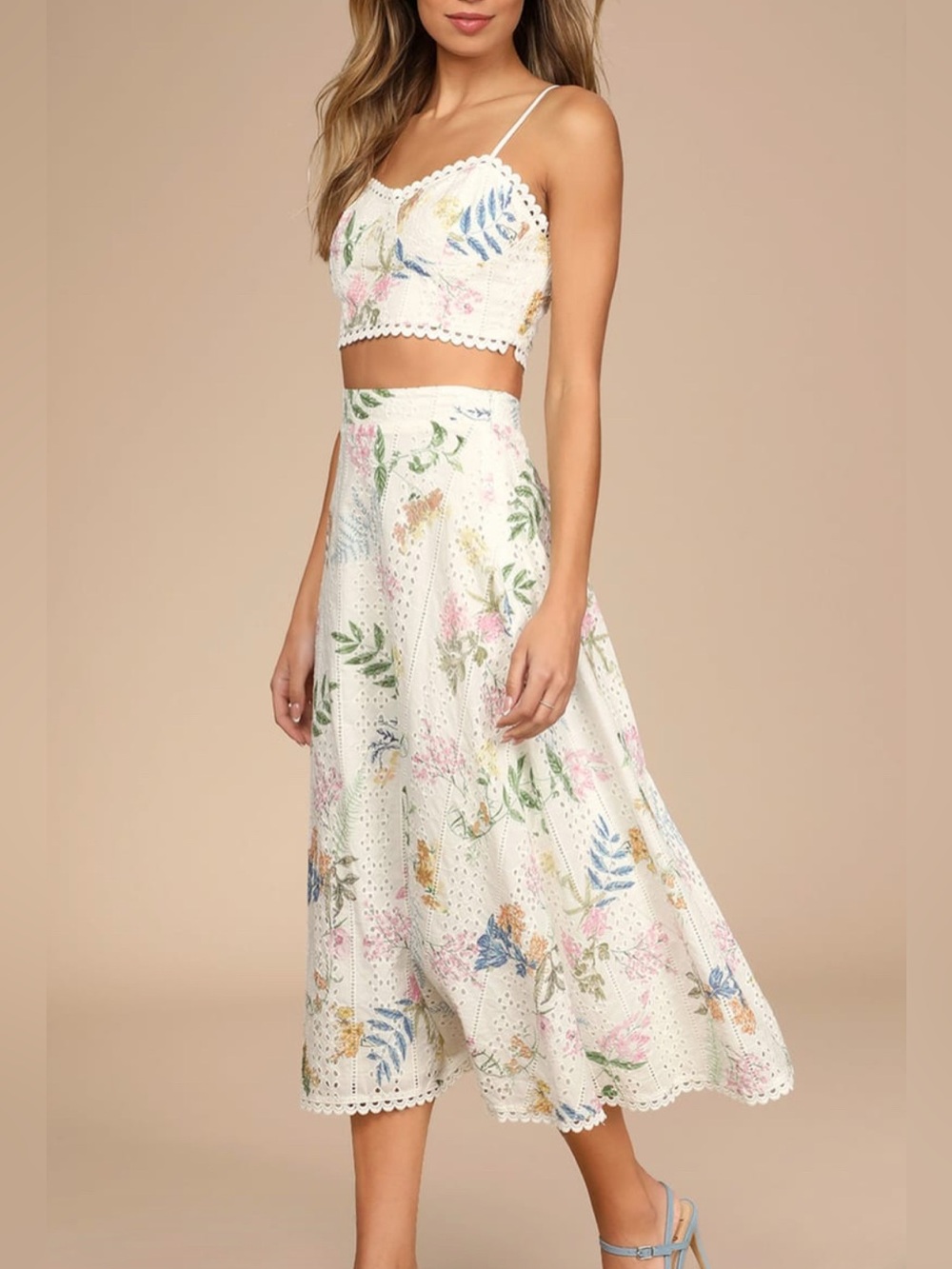 Floral Eyelet Midi Set in Ivory
